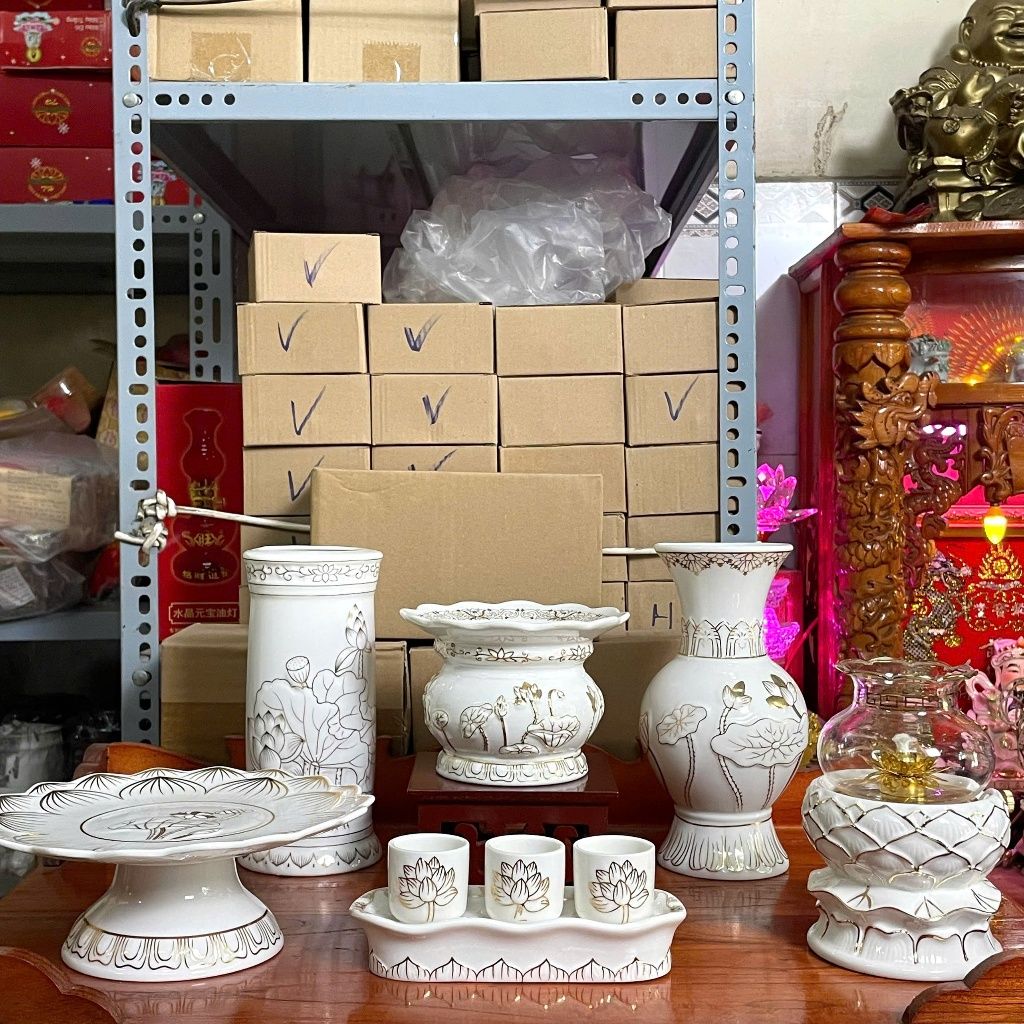 Bộ Thờ Cúng Men Sứ Bạch Ngọc Trắng: Lư, Bình, Chung, Dĩa và Án - Đồ Thờ Vạn Phúc Cao Cấp