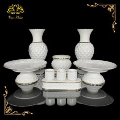 Bộ Thờ Cúng 2021 Bình Hoa , Lư Nhang , Dĩa Trái Cây, Chung Nước Bằng Sứ- Đồ Thờ Vạn Phúc